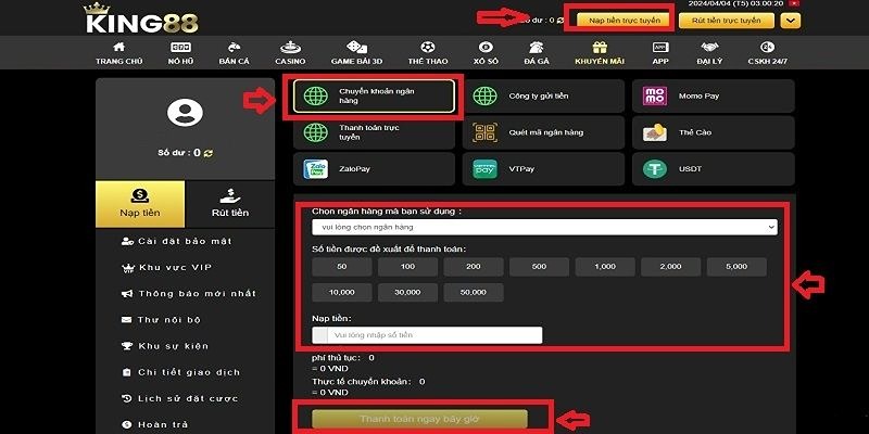 Nạp tiền King88 từ app ngân hàng